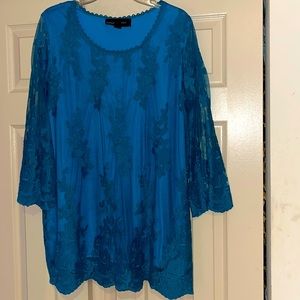 Colleen Lopez Dark Turquoise Lace Blouse With Embroidered Long Sleeves Size XL